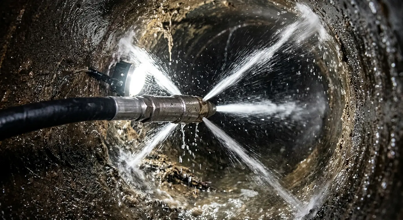High-pressure hydro jetting nozzle cleaning sewer pipe for Trenchless Sewer Repair in Sellersburg