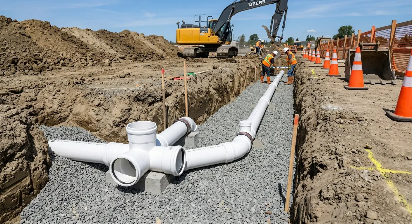 New PVC sewer pipe installation in open trench for Grease Trap Cleaning in Sellersburg