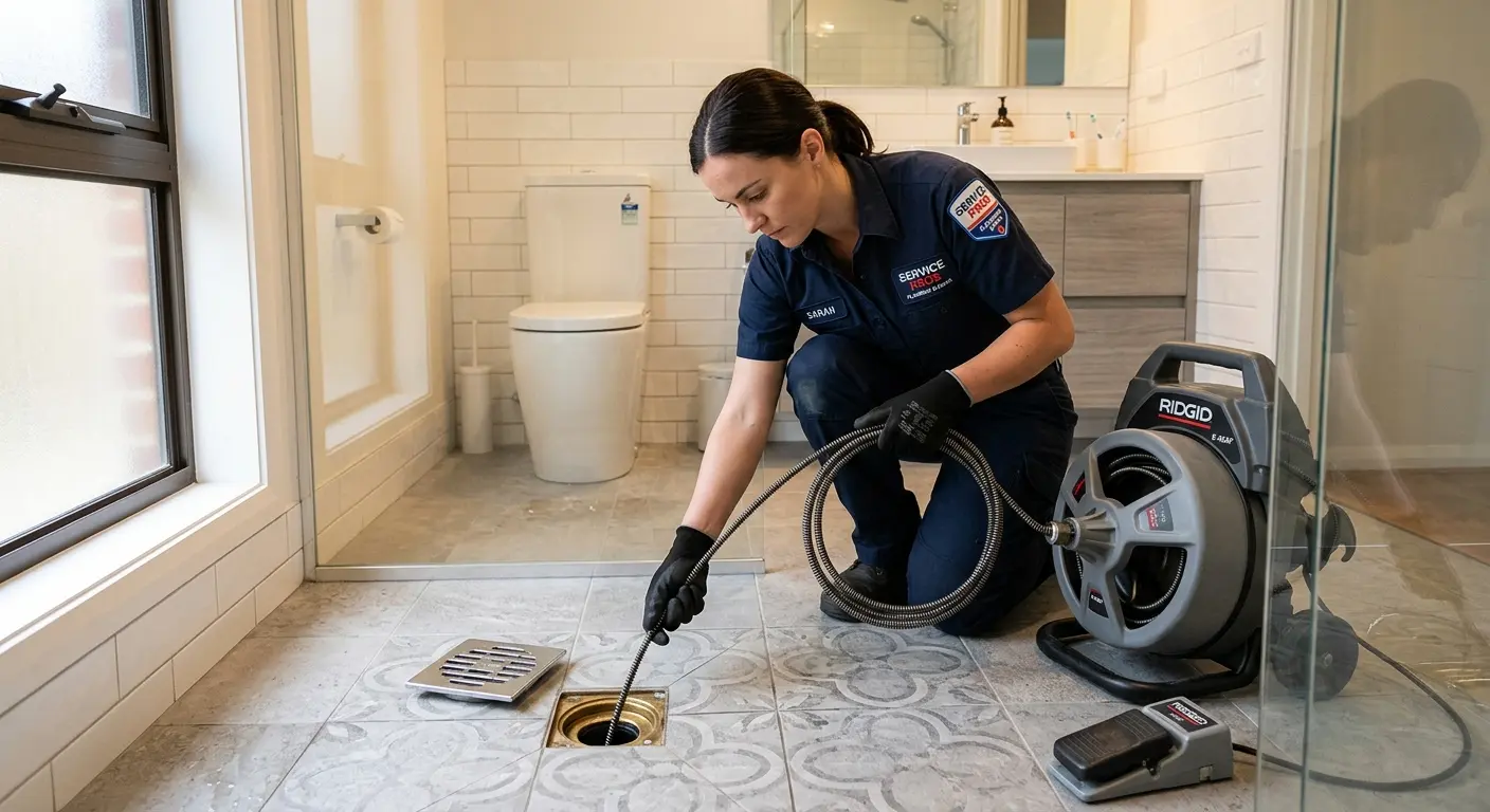 Technician clearing a bathroom floor drain for Sewer Line Replacement in Sellersburg